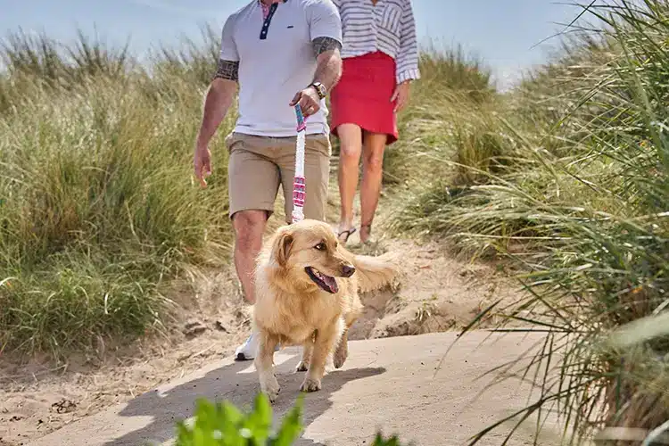 Walking dog on lead on Prestatyn Central beach