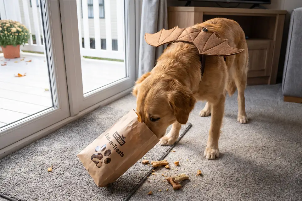 Dog eating bag of treats in their Halloween bank holiday caravan holiday at Lyons