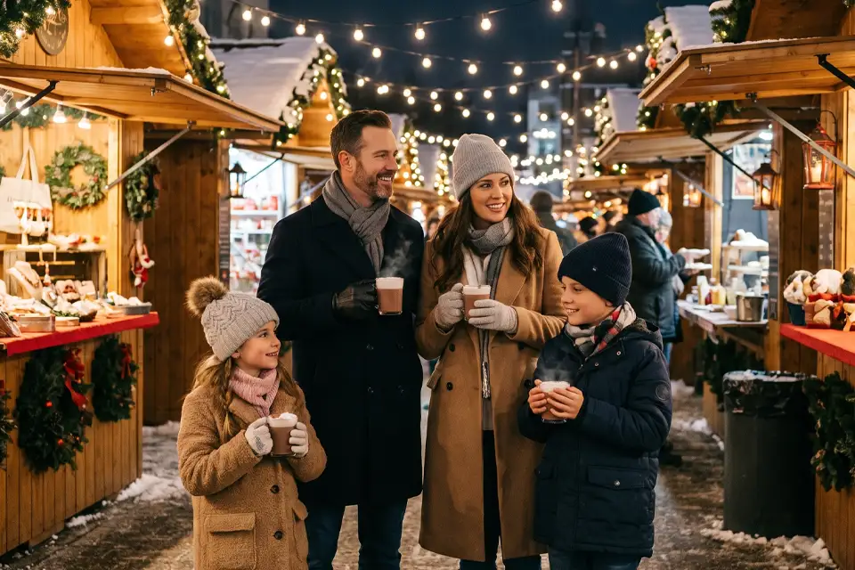 Family enjoying hot chococlate at the Christmas markets