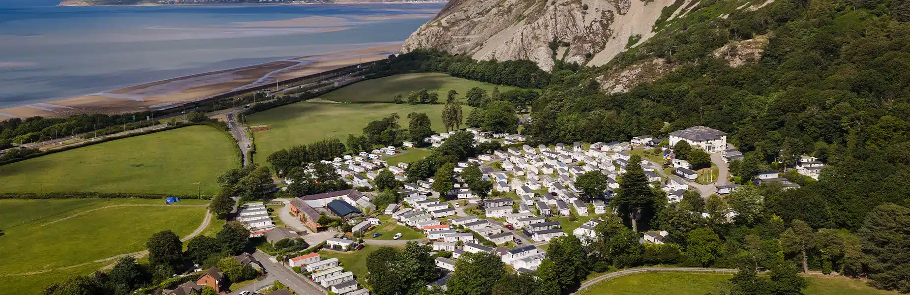 Drone shot of static caravans for sale in Conwy